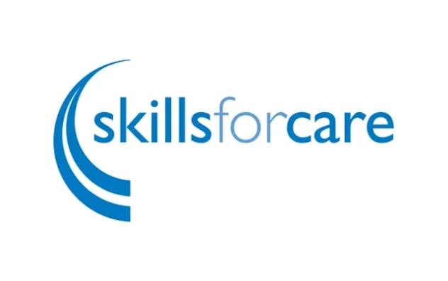 Blue and white logo for skills for care
